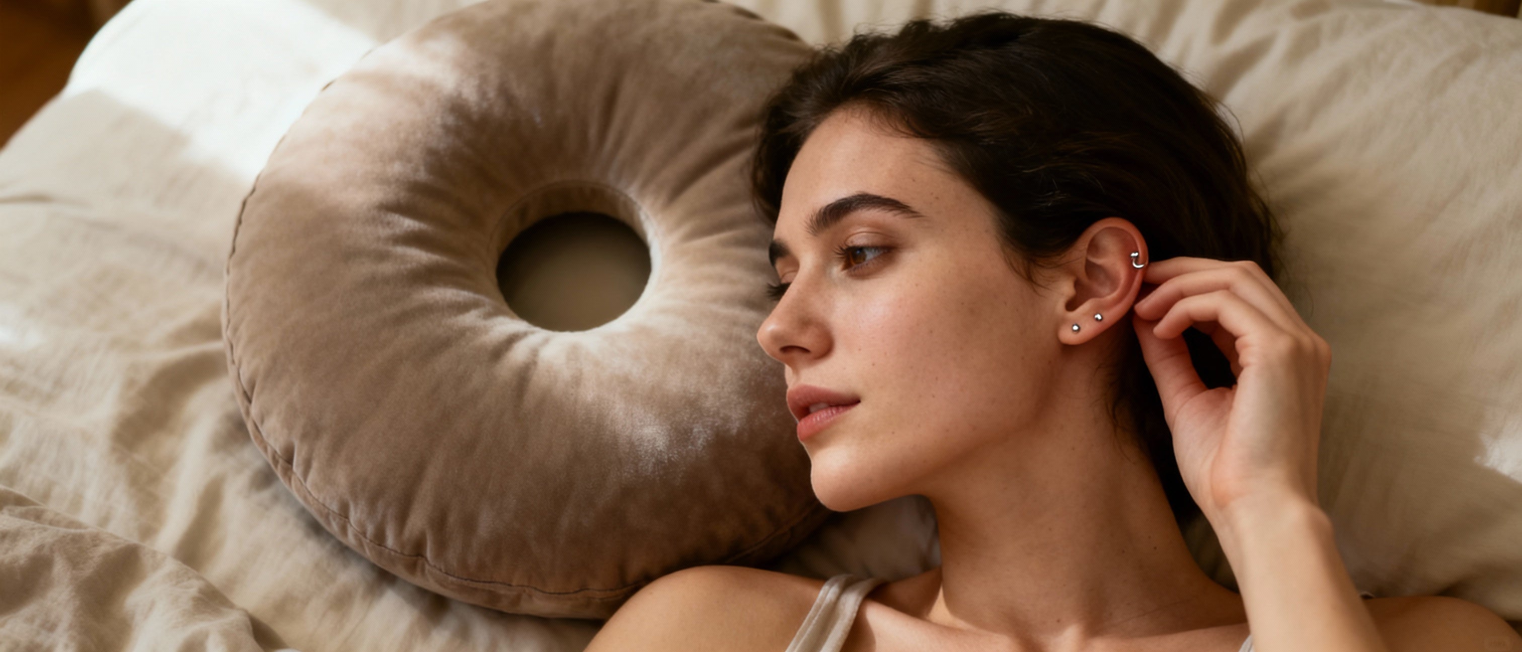 Oreille avec piercing légèrement rouge reposant sur un coussin percé au centre, illustrant les signes d’infection et l’importance de laisser la peau respirer.